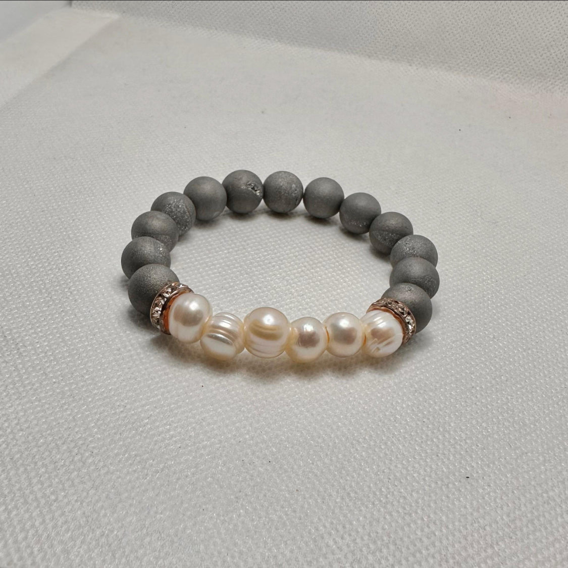 Silver Gray Druzy Agate & Freshwater Pearl Bracelet